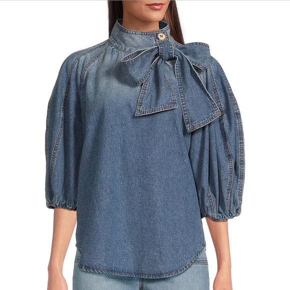 *NWT* A LOVES A 3/4 Puff Sleeve Pleat Button Shoulder Tie-Neck Denim Top — M - Picture 7 of 7